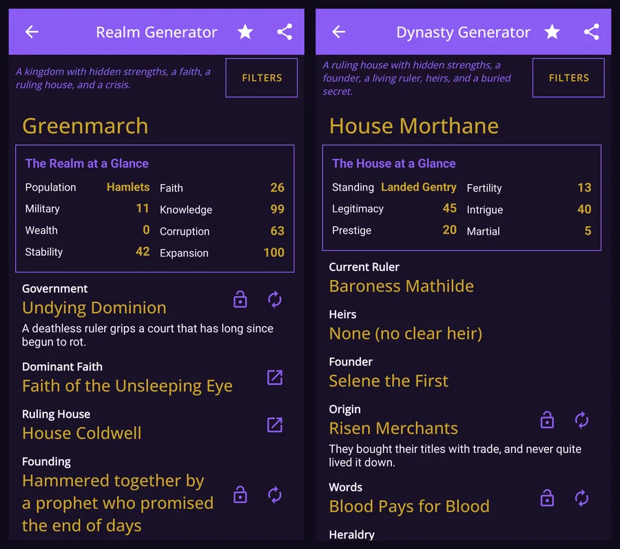 The Realm Generator showing Greenmarch, an Undying Dominion hammered together by a prophet who promised the end of days, beside the Dynasty Generator showing House Morthane with no clear heir.