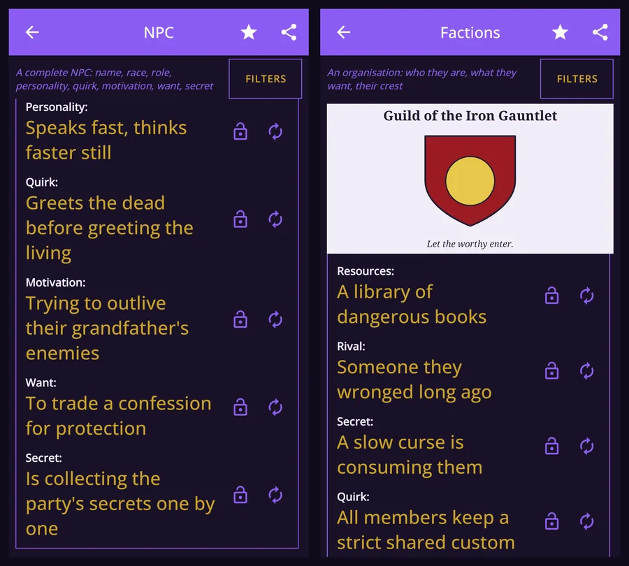 The NPC generator showing a character whose want is to trade a confession for protection and whose secret is collecting the party's secrets, beside the Factions tool showing the Guild of the Iron Gauntlet, whose secret is a slow curse consuming it.
