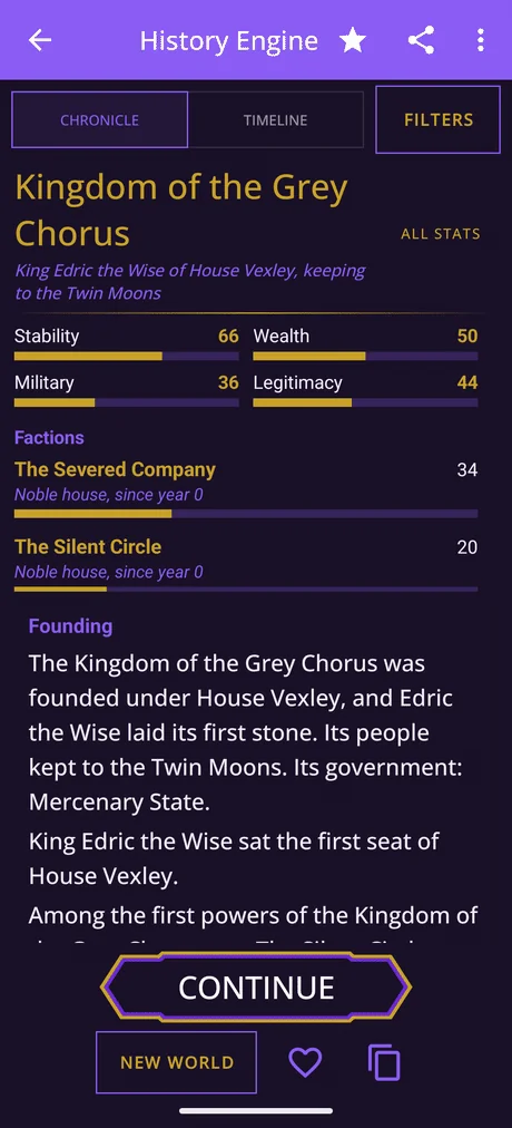 The History Engine advancing one chronicle from its founding to year 30: a war lost, an assassination and a plague, then poison, an invasion and an inquisition, while stability, wealth and military fall.