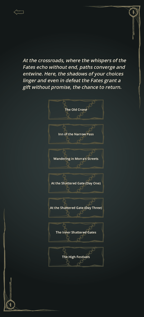 The game’s Crossroads screen, its seven buttons chained shut, with the chains coming off one at a time from The Old Crone down to The High Festivals.