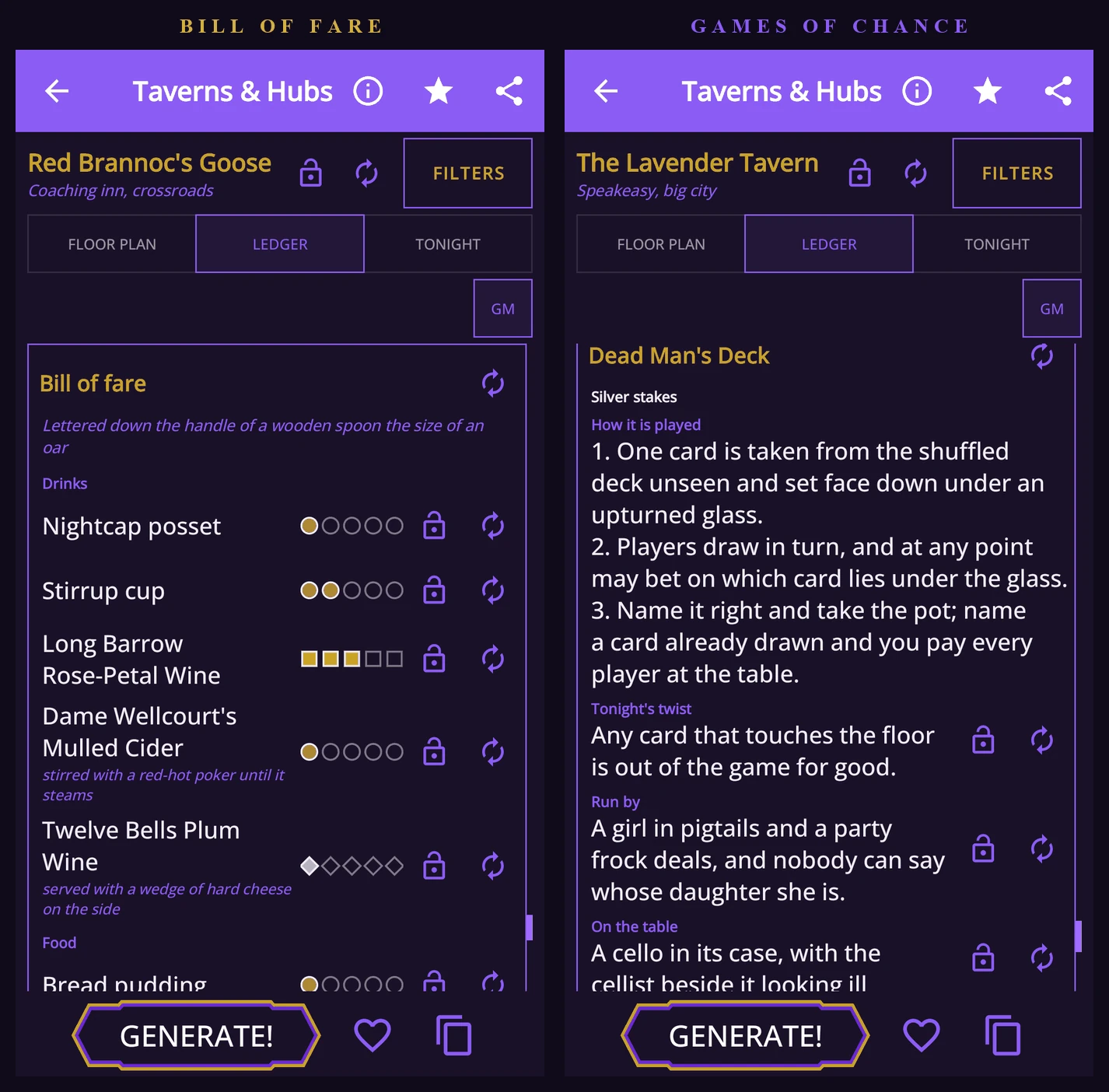 The Ledger of Red Brannoc’s Goose showing its bill of fare with tier pips for prices, beside the Ledger of the Lavender Tavern showing the rules of Dead Man’s Deck.
