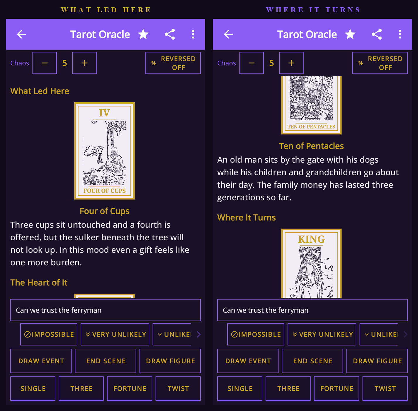 A three-card Tarot spread showing the Four of Cups, the Ten of Pentacles and the King of Swords with their meanings.
