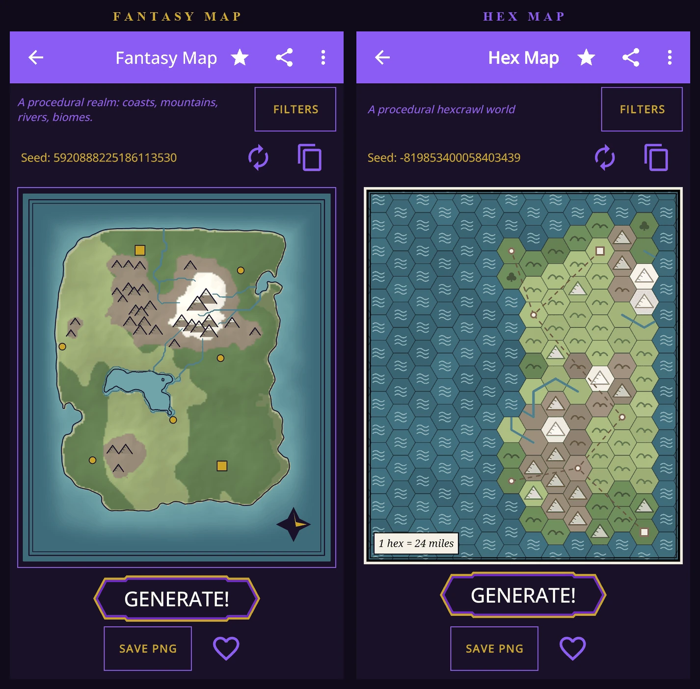 A Fantasy Map with rivers running from the mountains into a lake and the sea, beside a Hex Map with rivers running hex to hex down to the coast.