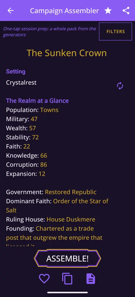Fantasy World Generator: the Campaign Assembler building a session pack