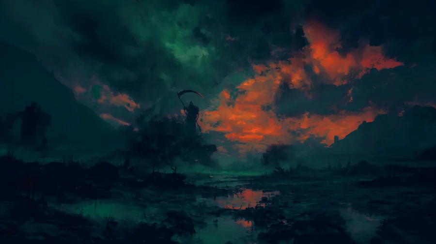 A lone figure with a scythe on the flooded battlefields of The Red Tomorrow, under a green and burning sky.